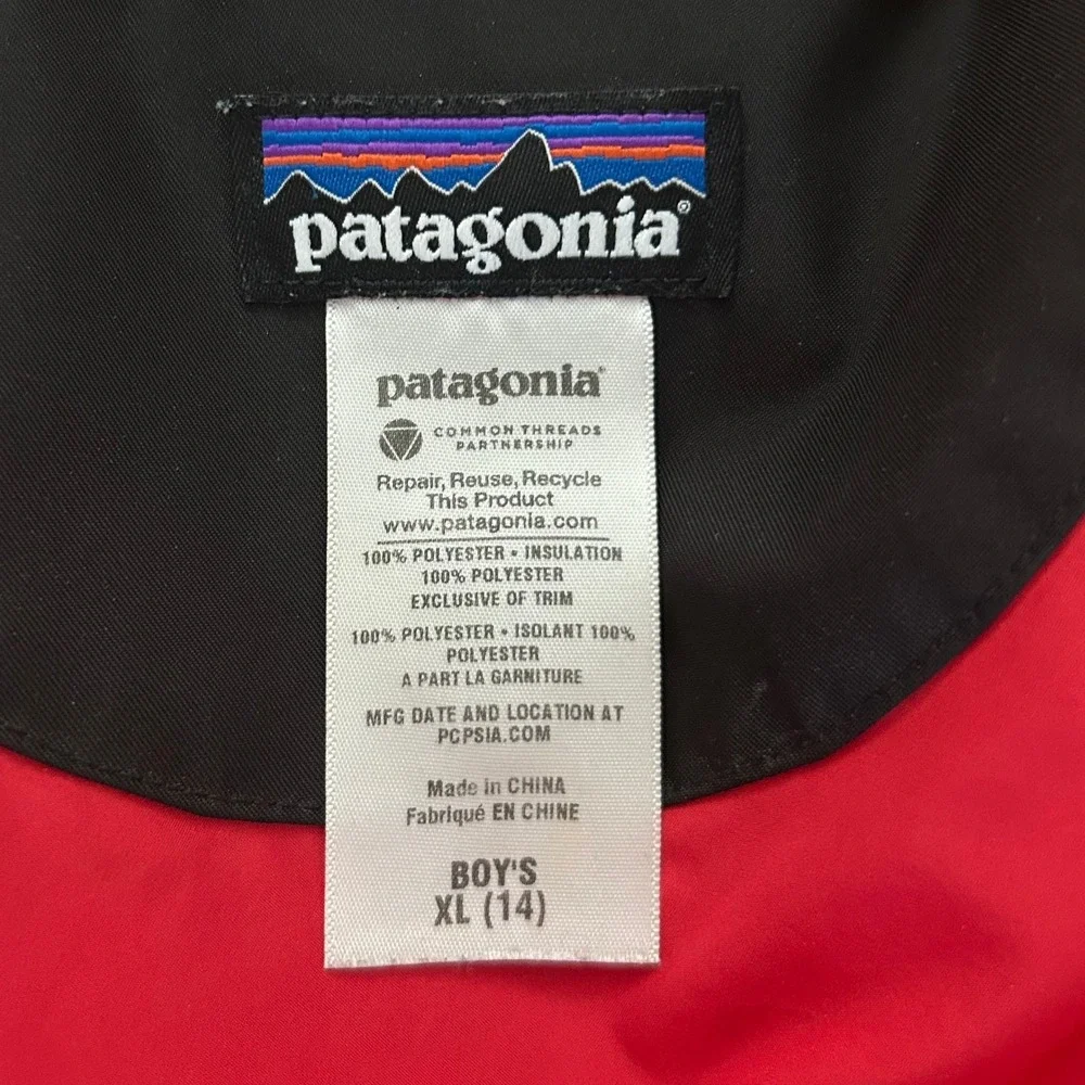 Patagonia Boys H2No Insulated Winter Jacket Black Red Full Zip Ski Coat XL 14